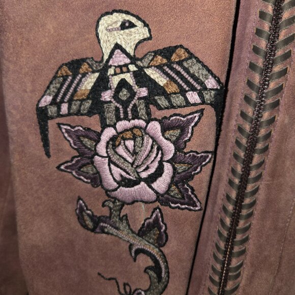 Double D Ranch Brown Suede Embroidered  Leather Fringe Jacket Woman's Size XL - Picture 2 of 9